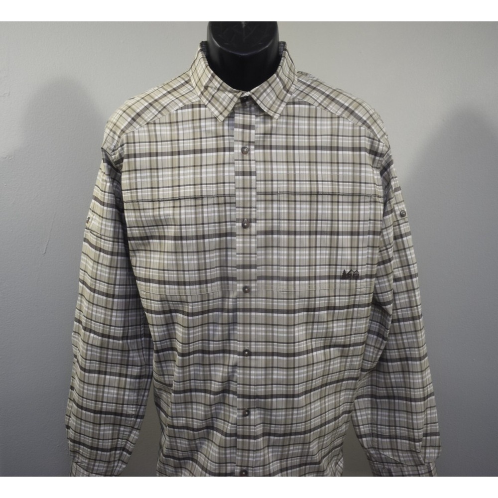 REI Vented Hiking Button Up Shirt Plaid Long Sleeve Stretch Pockets Mens XL